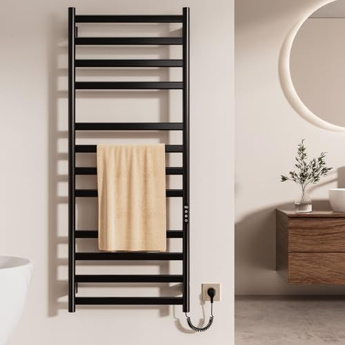 Scaldasalviette Elettrico Bagno, 360W Scaldasalviette per Asciugamani, Portasciugamani Temperatura Regolabile 30-70°C, Schermo tattile LED e Function Timer 1-9H, IP47, 52x130,Nero