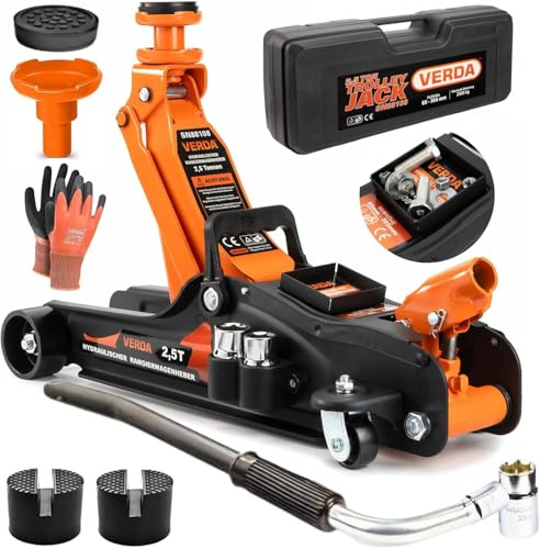Hydrualischer Wagenheber 2,5T, 85-365mm, 3X Gummiauflage, Radmutterschlüssel, Rangierwagenheber mit Hebelstange 2in1 Auto Heber, PKW Profi Ständer, Flache, Wohnmobil Handschuhe SN88108