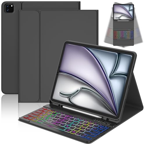 CC Store Hülle mit Tastatur für iPad Air 13 Zoll M3 2025/M2 2024, iPad Pro 12.9 Zoll 6/5/4/3 Gen, Magnetisch Abnehmen Bluetooth Tastatur mit 7-Farb-Beleuchtung & Pencil Stifthalter, QWERTZ Layout