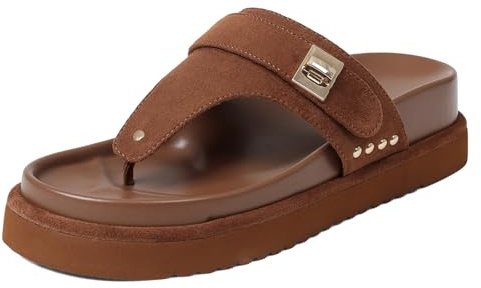 VOMIRA Brown Flip Flops for Women Suede Buckle Studded Clip Toe Arch Support Slip On Platform Wedge Sandals Summer Beach Flat Sandals Comfort Slide Sandals