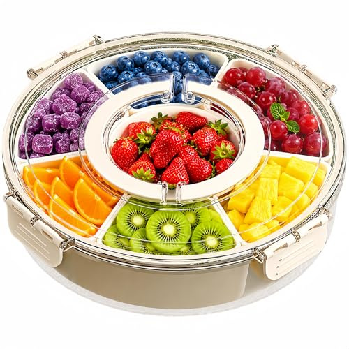 Snackle Box Drehbar mit Griff, 6 Herausnehmbare Fächer, Snackbox Spülmaschinenfest, Snackdose mit Deckel, Unterteilte Snackschale Servierplatte Rund für Party Picknick Reise, 25cm (Cremeweiß Rund)