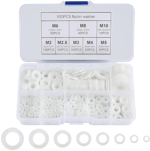 500 Stück Nylon Unterlegscheiben Set 8 Größen M2/M2.5/M3/M4/M5/M6/M8/M10 Industrielle Befestigungsscheiben Für Mechanische Elektronische Montage Heimwerker Und Professionelle Anwendung (Weiße)