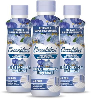 COCCOLATEVI Parfum de Linge Iris et Orchidée Impériale, 3 flacons de 300 ml, Essence lessive à utiliser comme parfum lessive et sécheuse, parfum maison ou nettoyant pour sol