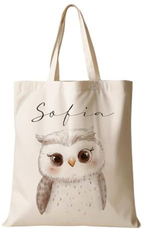 Personalisierter Stoffbeutel für Kinder mit Namen & Waldtier-Motiv | Beige Leinenoptik | Tasche für Kindergarten, Wechselwäsche & Sport | Geschenk zur Einschulung, Geburtstag & Ostern (Eule)