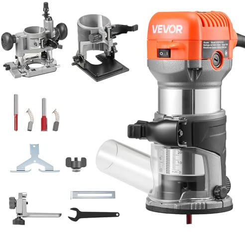 VEVOR Fresadora de Madera 1 HP 710 W, Rebajadora Eléctrica de 6 Velocidades Variables, Arranque Suave, con 3 Bases y Guía Paralela, Fresadora de Cantos para Carpintería, Bricolaje, con Cable
