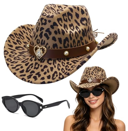 JynxtoyZeal Cappello da Cowboy Occidentale a Stampa Leopardo,Costume per Adulti con Occhiali da Sole - Set di Costumi da Cowboy Occidentali
