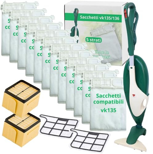 NAMAI - Set di 12 Sacchetti + 2 Filtri Motore + 2 Filtro Hepa Compatibili con Folletto VK135 e VK136, Microfibra Resistente, Alto Potere Filtrante 99,7%
