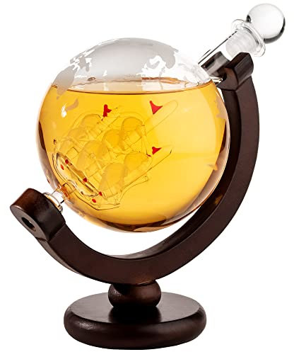 AMAVEL Décanteur, Carafe Globe avec Bateau en Bouteille, Bouchon Hermétique et Support en Bois, Carafe pour Whisky, Rhum et Cognac, 650ML