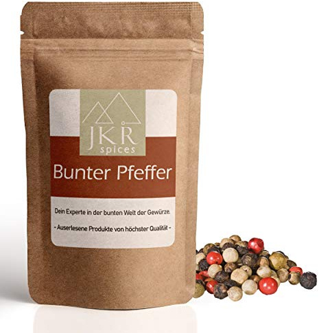 JKR Spices Bunter Pfeffer ganz 250g, bunte Pfefferkörner für Pfeffermühle und Mörser, Mischung aus schwarzem, weißem, grünem Pfeffer und rosa Beeren