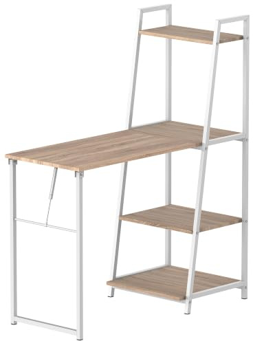 HOMCOM Schreibtisch klappbar mit 4 Tier Bücherregal, Computertisch, Bürotisch, E1 Spanplatte, Metallrahmen, Natur+Weiß, 106 x 48 x 128 cm