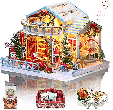 GuDoQi Miniatur Haus Weihnachtsnacht, mit Musik und LED Licht | DIY Puppenhaus Miniatur für Erwachsene, Handgemachtes Geschenk für Weihnachten, Bauen Sie Ihr eigenes Traumhaus Modell