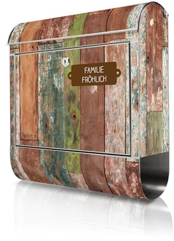 banjado Briefkasten Edelstahl personalisiert 38x43x12cm & 2 Schlüssel - rostfreier Edelstahl Briefkasten mit Zeitungsfach - Postkasten A4 Einwurf inkl. Montagematerial - Motiv Buntes Holz