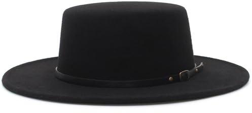 GEMVIE Womens Felt Bowler Boater Hat Vintage Wide Brim Flat Top Hat Buckle Belt Fedora Church Jazz Hat