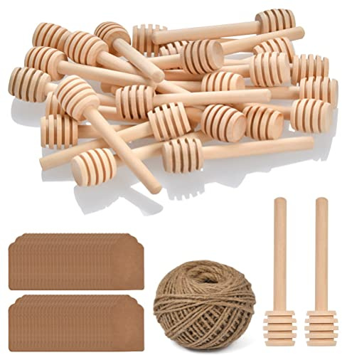 FOCCTS 100pcs Honey Dipper Sticks, 3 inch Wooden Honey Dipper Honey Stirrers Honey Spoon with Natural Jute Twine Kraft Paper Tags for Honey Jar Dispense Drizzle Honey Wedding Party Favors Honey Server