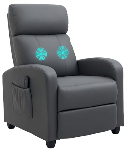 HOMCOM Recliner Armchair, Massage Faux Leather Push Back Reclining Chair with Adjustable Leg Rest, Side Pocket, for Home Living Room Theatre, Grey