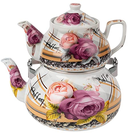 SGSG Emaille-Teekessel mit Blumenmuster, Emaille-Teekanne, türkische Kaffeekanne, Doppelkanne, Heißwasser-Teekessel mit Verbrühungsschutzgriff für Gasherd und Induktionsherd