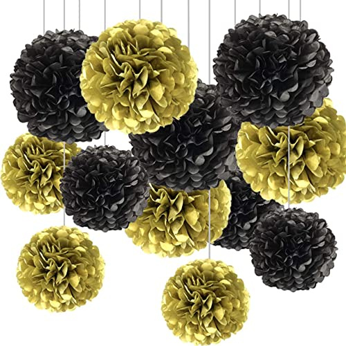 CC wonderland zone Silvester Deko 2026,12 Stück Schwarzer und Gold Seidenpapier Pompons,Papier Pom Poms Seidenpompons für Party Deko