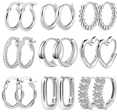 ALEXCRAFT 9Paar Ohrringe Creolen Set Damen Ohrringe für Mehrere Ohrlöcher | Ohrringe Set Stapelbar Mehrere Ohrlöcher Knorpel Piercing Creolen Kleine Kreolen Zirkonia Verdreht Herz Oval Eckig Creolen