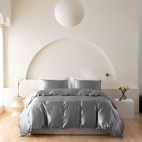 Wotcsil Ensemble de Housse de Couette Satin de Soie 200x200 Gris Argenté Literie Satin Parure de Lit Unie Ensembles de Literie Linge de Lit en Satin Luxe Unie Polyester Satiné Brillant