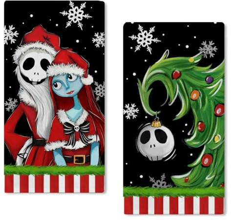 Seliem Christmas Jack Sally Skeleton - Juego de 2 paños de cocina Ni GHT m are BE.Fore - Toallas de mano de calavera de pino de Navidad, paño de cocina de secado negro, divertido decoración de cocina