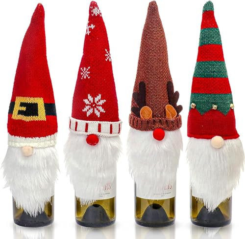 EKKONG Flaschenverpackung Weihnachten, Flaschendeko Weihnachten 4 Stück Weinflaschen Verpackung Weihnachten Flaschen Deko für Familien-Weihnachtstisch-Weinflaschendekoration