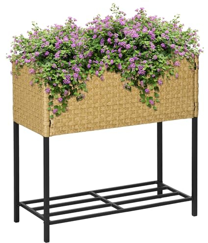 Outsunny Poly Rattan Hochbeet Blumenkasten mit Füßen Rattan Blumenkasten Blumentopf mit Ablage Sand 70 x 30 x 72 cm
