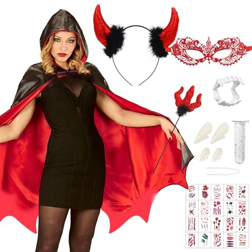 Teufel Kostüm Damen, Vampir Kostüm Damen, Halloween Kostüm Damen Karneval Kostüm Damen Sexy mit Teufelsgabel Teufelshörner Temporäre Tattoo Vampirzähne Faschingskostüme für Karneval Masquerade Cosplay