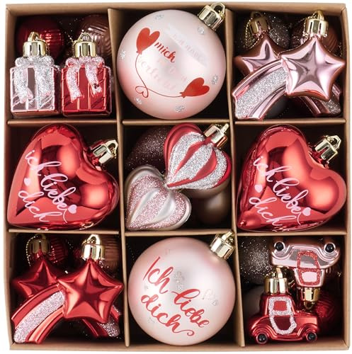 Valery Madelyn 35pcs Weihnachtskugeln 3-6cm Rot Rosa Silber Kunststoff Christbaumkugeln Set mit Aufhänger,Herz Baumschmuck für Weihnachtsdeko,Valentinstag deko