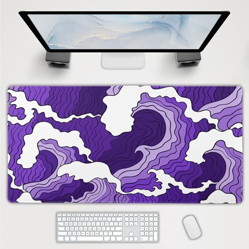 Japanese Purple White Wave Gaming Mouse Pad XXL Cartoon Sea Texture Extended Large Desk Cover Big Table Mat Non-Slip Rubber Base Stitched Edge Long Keyboard Playmat Office,40x20 in,100x50cm