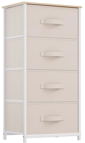YITAHOME Kommode,Kommode mit 4 Schubladen,Schrank,Stoffschubladen mit Griffen,Metallgestell,Dauerhaft,Cremeweiß