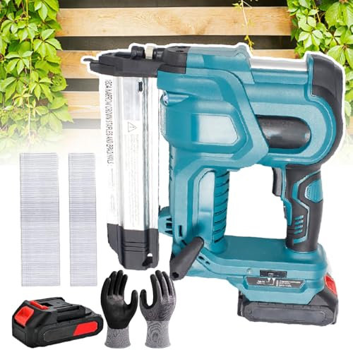 pedenencelia Grapadora Inalámbrica Brad Nailer para Proyectos De Bricolaje De Tapicería, Pistola De Clavos/Grapadora Eléctrica 2 En 1 con Clavos/Grapas De Calibre 18, Guantes Y 1 Batería,Blue