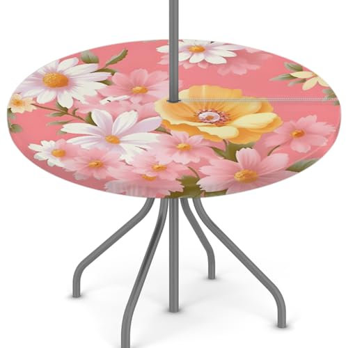 Woltant Nappe ronde avec trou de parasol et fermeture éclair facile à nettoyer avec bords élastiques - Protection de table d'extérieur pour jardin, terrasse, barbecue - Motif marguerites roses et