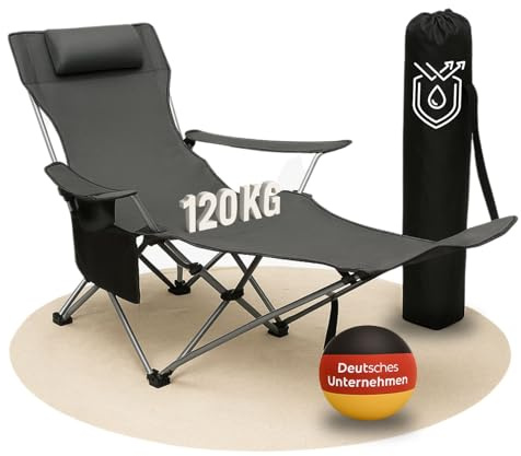 Coemo Campingstuhl, Grau, zusammenklappbar, verstellbar, Getränkehalter | Liegestuhl mit Kopfstütze, Tasche, Relaxliege leicht, tragbar, verstellbarer Faltstuhl, zusammenklappbarer Stuhl