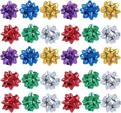 Txuolin 50 Stück bunte 2,5 cm Geschenkschleifen, Mini-Weihnachtsschleifen, metallische Sternschleifen, Partygeschenke, Geschenkschleifen, selbstklebende Urlaubsgeschenke, Schleifen für Valentinstag