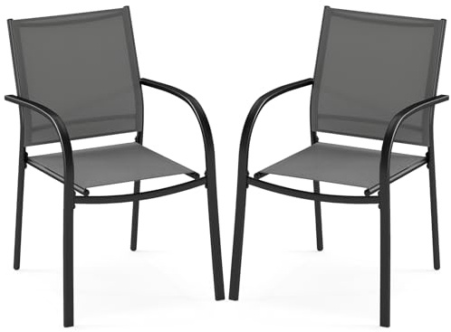FANTASK Terrassenstühle aus Textilene und Metallgestell, Balkonstühle, Gartenstühle 2er Set mit Armlehnen bis 150 kg belastbar, 61 x 58 x 85 cm (Grau)