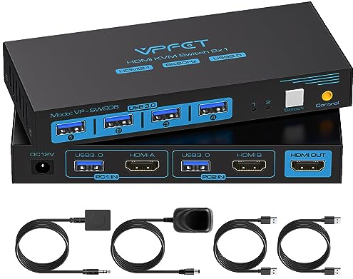 CMSTEDCD 8K@60Hz USB 3.0 KVM Switch hdmi 2 port 4K@120Hz KVM Switcher for 2 computers share 1 monitor and one set of Keyboard Mouse webcame and hard disk, wired controller and 12V/1A DC power included