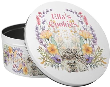 Purely Home Personalised Floral Hedgehog Cake Tin - Flowers & Wildlife Kitchen Gifts for Nature Lovers - Large Round Metal Storage Container for Baking 23 x 10cm