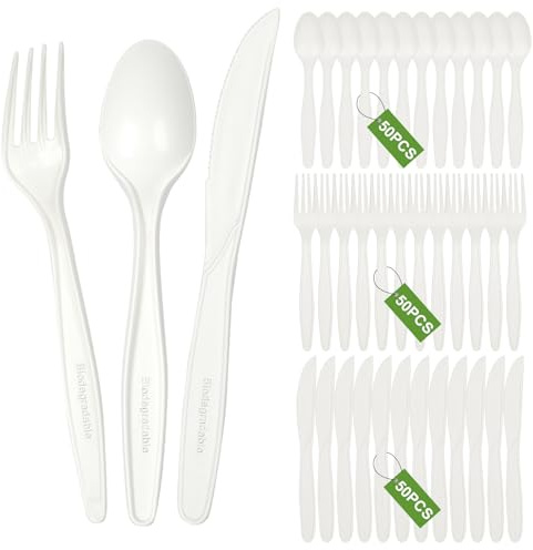 150 Stück Wiederverwendbaren PlastikBesteck Set, 50 Gabeln I 50 Messer I 50 Löffel, Spülmaschinenfest, BPA Frei, Geschirr Set für Familienfeiern, Hochzeiten, Geburtstagsfeiern