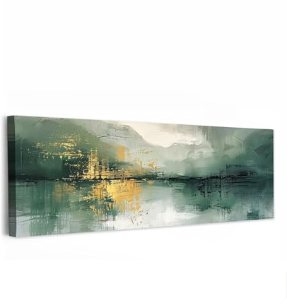 MuchoWow© Wandbilder Schlafzimmer Home Deko XXL Wandbild Wohnung Bild | 120x40 cm - Wohnzimmer Fotoleinwand Panorama Leinwand Wall Decor Groß Grün - Modern - Abstrakt - Gold