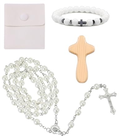 hommova 4 Pcs Rosary Beads Catholic Women Set, Faux Pearls Rosary Necklace