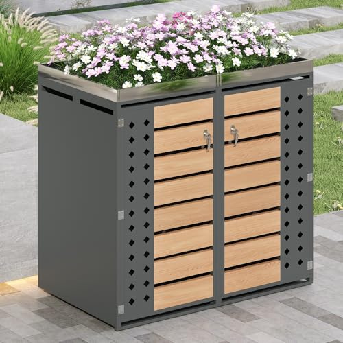 Abri pour poubelles, Panneaux à Grain de Bois horizontaux, Compartiments de Rangement pour poubelles, verrouillable, Deux Portes, Espace pour Plantes, Panneau alvéolaire en Forme de Losange (1)
