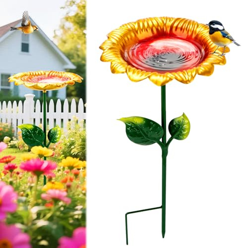 Abbeveratoio per uccelli in piedi, abbeveratoio per uccelli da giardino, ciotola vintage in metallo, vasca da bagno per uccelli da giardino, girasoli rimovibile, mangiatoia per uccelli selvatici