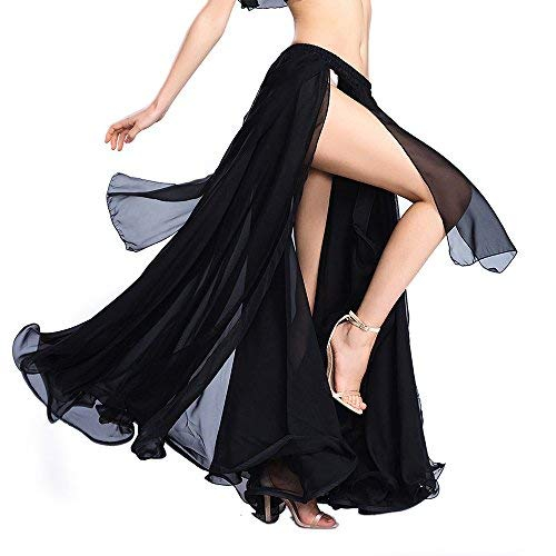 Baisdan Gonna da donna per danza del ventre in chiffon, per allenamento, performance, danza, con fessura, costume da festival, Nero , Taglia unica