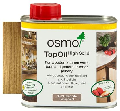 Osmo TopOil - High Solid Oil 3039, Graphite Satin, 500ml - Durable Wood Oil for Wooden Kitchen Surfaces, Water-Resistant & Food Safe, Wood Treatment & Wood Finish