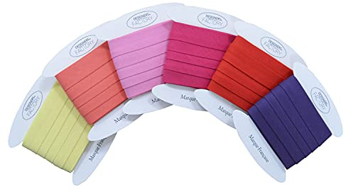 Set med 6 bomullsförspänningar - färg: gul, korall, intensiv rosa, fuchsia, röd och lila - lätt att sy och idealisk för att förädla dina skapelser (set med 6 förspänningar (5 meter vardera), set B)