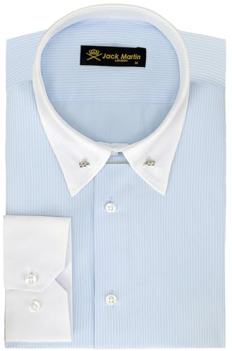 Jack Martin - Gestreiftes Hemd mit Pin-Kragen – Formelle Herren Hochzeits und Anzughemden mit Nadelkragen (Hellblau, L)