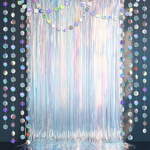 Cheerland Iridescent Tinsel Backdrop Curtain Circle Garland Holographic Party Decorations Disco Birthday Wedding Graduation Christmas New Year Banner EID Frozen Theme Party Streamer Decor Supplies