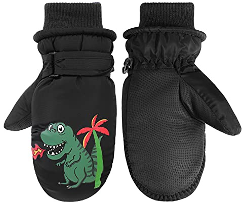 QKURT Kinder Skihandschuhe, Dinosaurier Kinder Warme Handschuhe Mädchen Jungen Kaltwetterfäustlinge für 2~5 Jahre Rodeln Snowboard Skating Radfahren Laufen und Outdoor-Aktivitäten