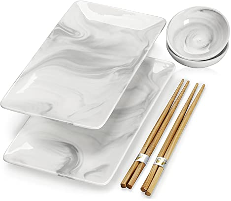 MALACASA, Serie Regular, 6-tlg. Marmor Porzellan Japanisch Sushi Service Geschirr Set für 2 Personen, Sushi Essservice mit 2x Sushi Teller, 2x 70ml Schüssel, 2 paar Essstäbchen