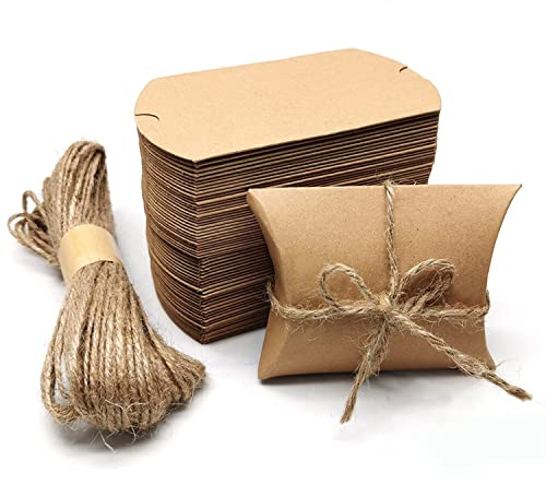 BallHull 60 Stück Kraftpapier Kissen Candy Box Faltbare Geschenkbox mit Juteseil für Hochzeit Party Geburtstag Urlaub